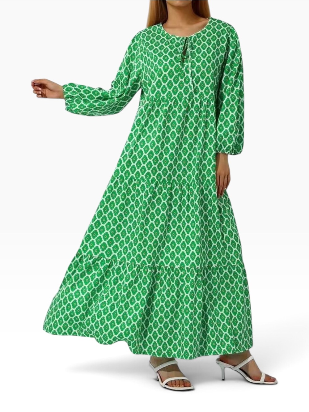 Boho Green & White Geometric Print Half-Sleeve Tiered Maxi Dress - Picture 2 of 14